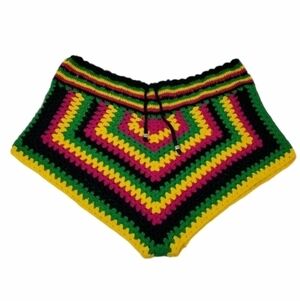 Crochet Beach Casual Boho Bottoms Shorts Cheeky Multi Color Tie 26" Waist Stripe